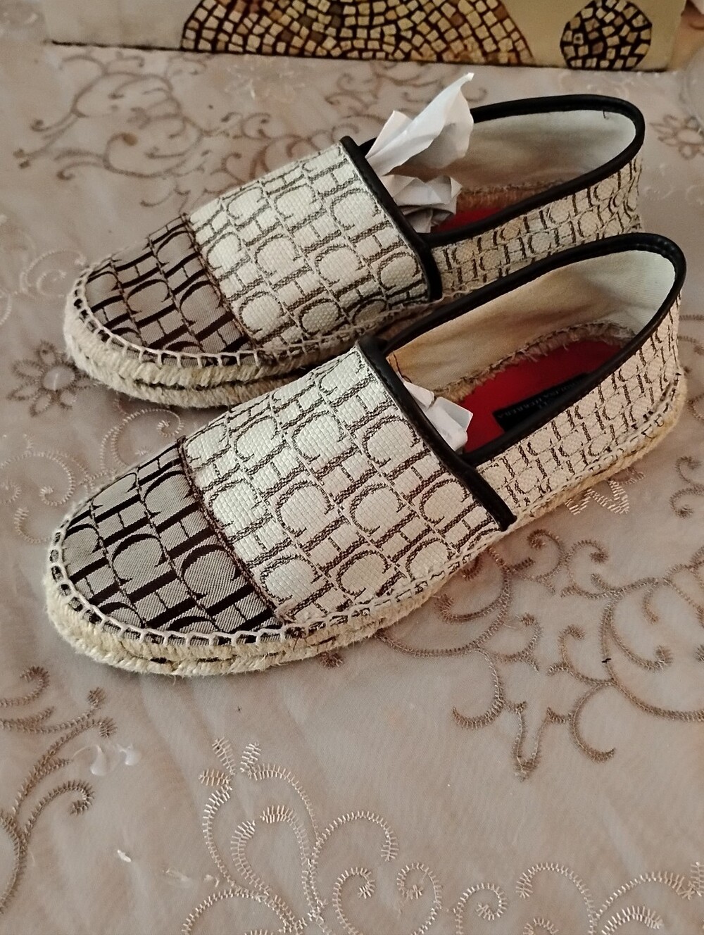 Carolina Herrera Monogram Canvas Espadrille Flats. Size 7.